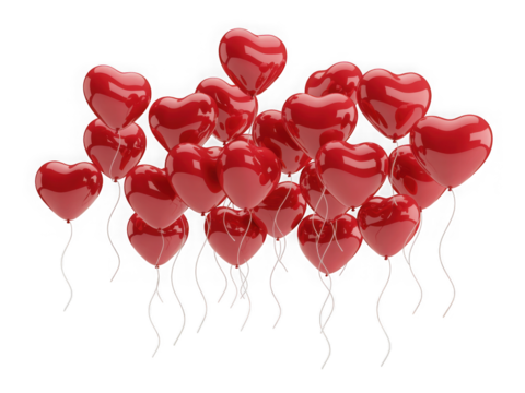  A collection of red heartshaped balloons floating upwards, isolated on a transparent background, perfect for celebrations