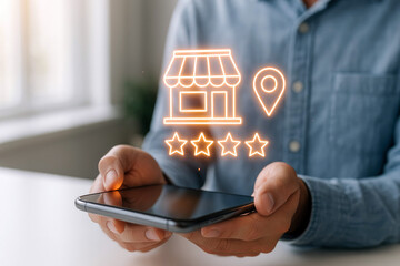Person holding smartphone with glowing store rating and location pin icons mobile phone hand