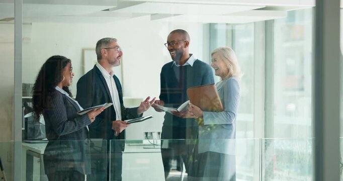 Meeting, business people and laugh with team in office, discussion and financial documents. Group, planning and funny joke with corporate employees, talking and investment proposal with tablet