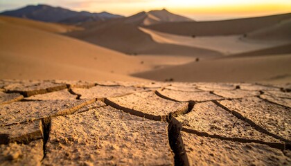 Close-up of cracked earth in a vast desert landscape with sand dunes and mountains under a warm, golden sky