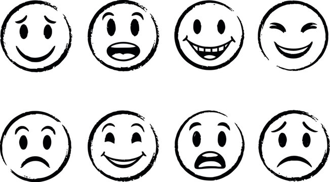 Collection of hand drawn smiley face emoticons expressing various emotions