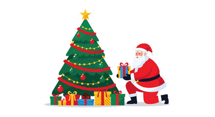 Naklejka premium Santa Claus kneeling by decorated Christmas tree with gifts 