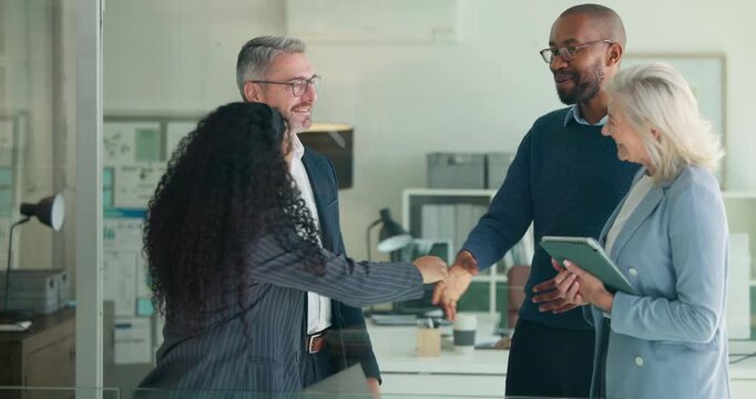 Corporate, people and interview with handshake in office for welcome, introduction and recruitment. Employees, meeting and shaking hands for agreement, thank you and congratulations of b2b onboarding