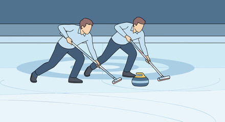 Two men curling on ice rink in competitive sports attire  