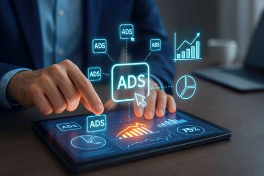 Person using tablet with digital advertising analytics and charts with ADS icons digital marketing