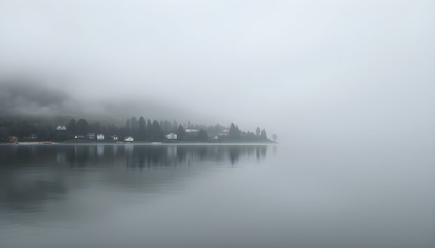 Misty lakeside village serene reflections calm atmosphere