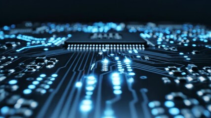 Futuristic circuit board with glowing blue data flow and digital network concept - Powered by Adobe
