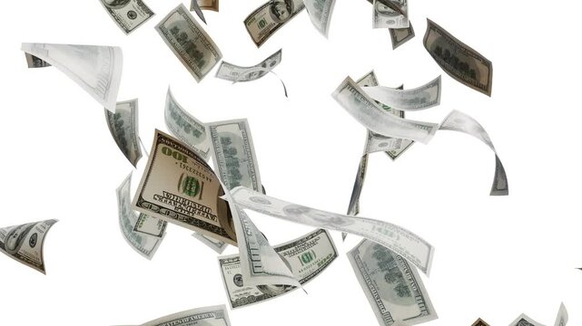 Falling Money white color background for Overlay. Money explosions white screen, Money falling dollar banknotes on a transparent background. money Rain overlays with alpha matte blending.