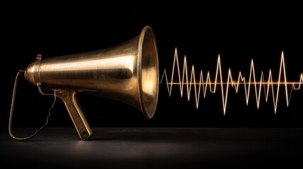 Vintage brass megaphone with glowing sound wave, black background, close-up shot, copy space.