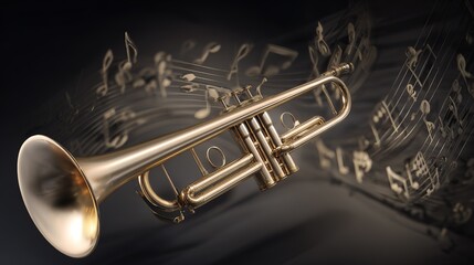 Obraz premium Shiny Brass Trumpet, Polished Musical Instrument, with Floating Musical Notes on Dark Background, Dynamic Angle, copy space.