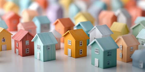 Pastel miniature houses clustered together, soft focus, warm