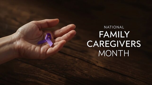 Hand holding purple ribbon for national family caregivers month