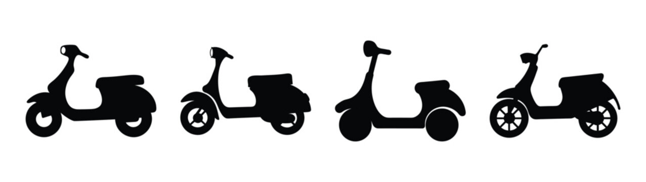 Set of four black silhouette electric scooters on a modern transport