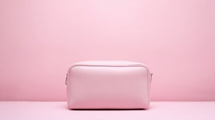 Pastel Pink Leather Toiletry Bag, Minimalist Travel Accessory, on Pink Background, Front View, copy space.