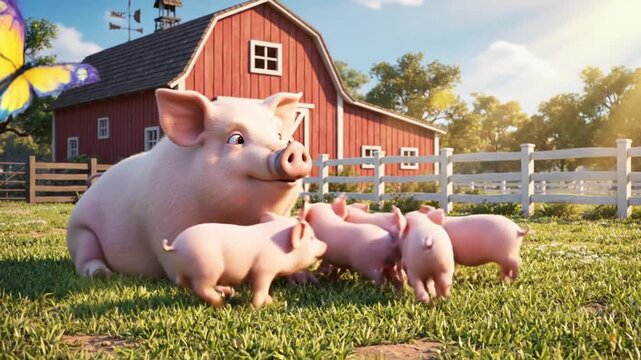 A loving cartoon pig family enjoying their time on the farm. Gentle and colorful animation suitable for children&rsquo;s stories or educational clips.