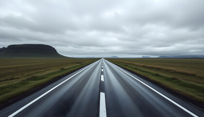 Naklejka premium Endless road leads to majestic mountain under dramatic sky