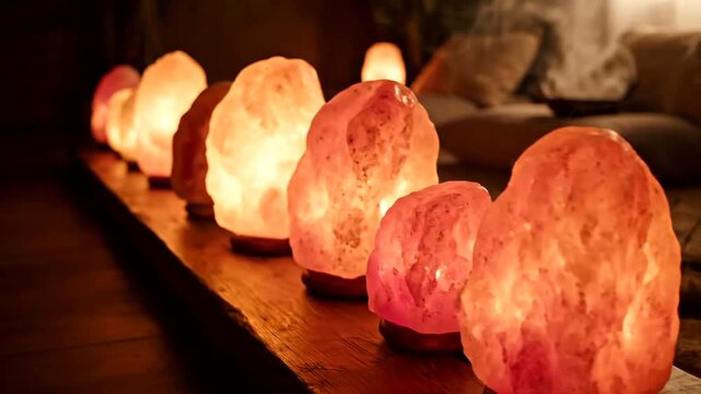 Row of glowing Himalayan salt lamps on a wooden surface