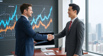 Two businessmen shaking hands in front of a stock market graph in a modern office