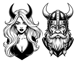 Viking warrior and demoness illustration