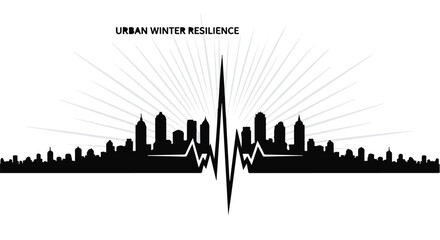 Fototapeta premium City skyline silhouette with a heartbeat pulse representing urban resilience during winter.