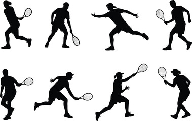 Tennis player silhouette, black graphic, vector illustration, racket swing, sports gesture, athletic movement, match action, dynamic pose, competition iconTennis player silhouette, 