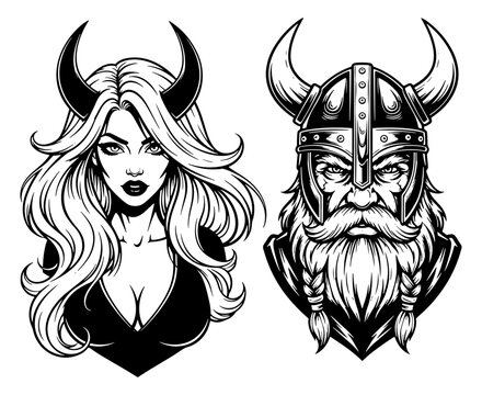 Viking warrior and demoness illustration