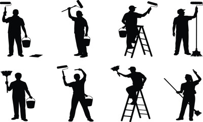 Cleaning worker silhouette, painting figure, black graphic, vector illustration, maintenance task, ladder pose, tool usage, manual labor, broom, bucketCleaning worker silhouette