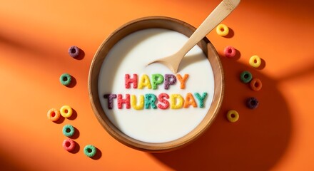 Happy Thursday breakfast cereal in a bowl with milk on orange background