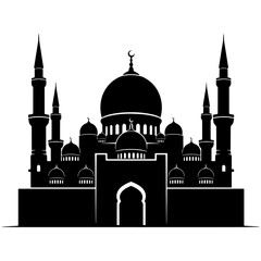 Mosque silhouette with minarets and crescent moon