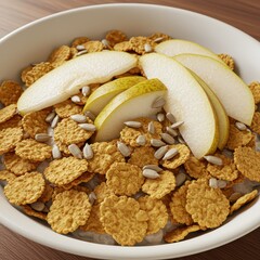 Crunchy breakfast cereal served with fresh pear slices and sunflower seeds in a white bowl on a wooden surface.