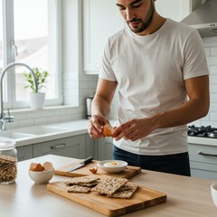 Man preparing soft-boiled eggs and crispbread in modern kitchen, healthy breakfast concept, morning routine, clean eating, lifestyle blog, food preparation, home cooking inspiration