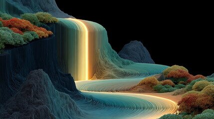 Data stream waterfall pouring into digital abyss, neon streams flowing off cliff, dark background, strong rim light, illustration style.