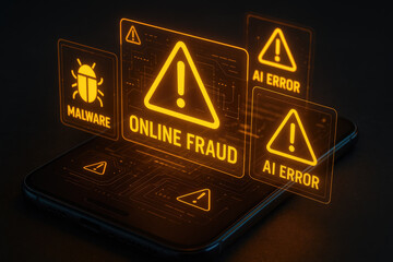Smartphone with glowing orange alerts for malware online fraud and AI errors in a digital interface