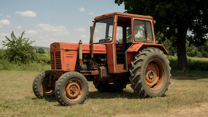 Vintage Red Tractor in Rural Landscape: Embracing Farming Heritage and Agricultural Machines on a Summer Day in the Countryside