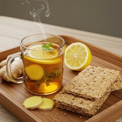 Steaming glass of herbal ginger lemon tea with fresh mint, served on a wooden tray with crisp seeded crackers and ginger root.