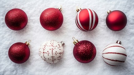 Red white Christmas ornament set with snow texture background top view flat lay minimalist elegant style no faces