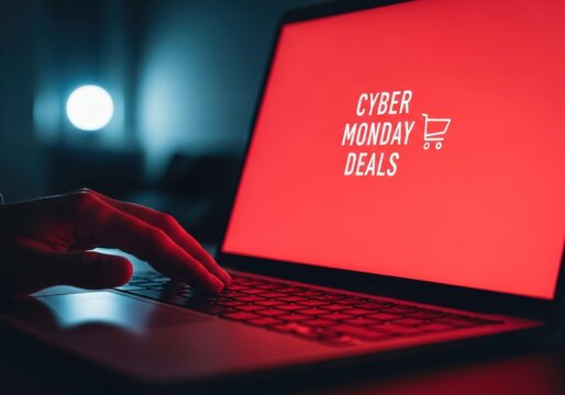 A person using a laptop with cyber monday deals on the screen display