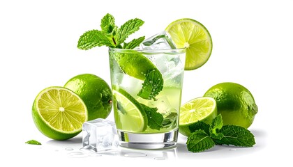 Refreshing cocktail featuring a glass filled with ice, lime slices, and fresh mint sprigs. Limes and mint are scattered around the glass