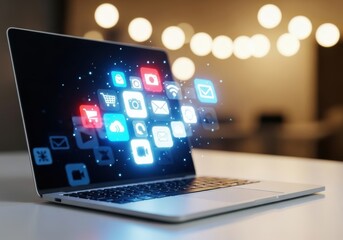 Laptop displaying social media icons with a blurred background of lights
