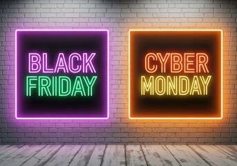 Neon black friday and cyber monday signs on a brick wall background