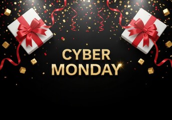 Cyber monday golden text with gifts and confetti on black background