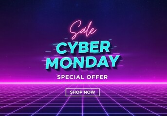 Cyber monday sale banner with neon lights and retro futuristic design