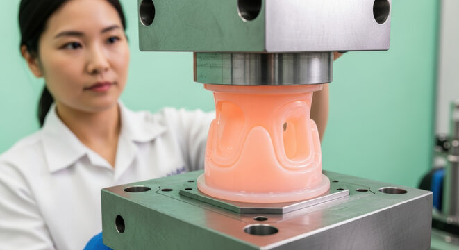 Focused technician operates advanced injection molding machine creating precision silicone component for medical or industrial use in clean modern laboratory environment - Powered by Adobe
