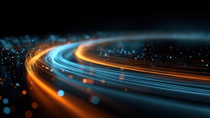 暗闇の背景を高速でカーブしながら流れるオレンジと青の光のデータストリームと粒子 | Abstract digital representation of orange and blue light streams and particles flowing quickly in a curve on a dark background.