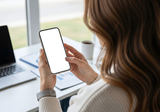 Woman holding a smartphone with a blank screen in a modern office setting, closeup view
