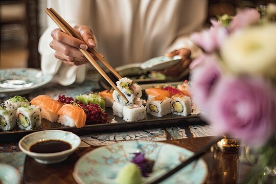 Close-up of a person using chopsticks to pick up sushi from an elaborate dining platter