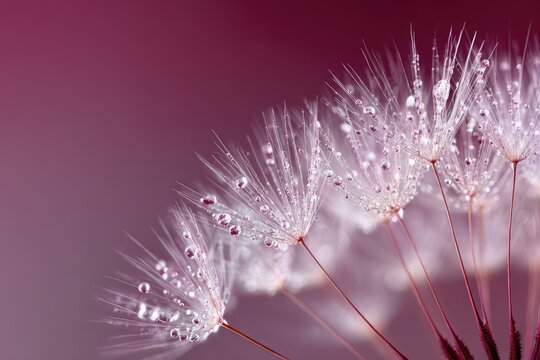 Dew drops cling to delicate dandelion seeds against a soft purple backdrop - Powered by Adobe