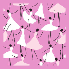 Ballet Girls in Flowing Dresses Pink Pattern. Perfect for fabric, wallpaper, wrapping paper, or dance-themed designs. Captures the beauty of movement with a minimalist and graceful cartoon style.