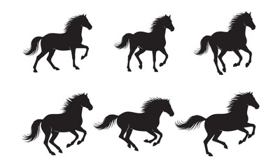 Six elegant black horse silhouettes in different poses representing motion and agility