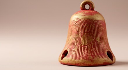 A close-up, high-angle shot of a decorative red and gold bell with an ornate pattern, resting on a smooth surface